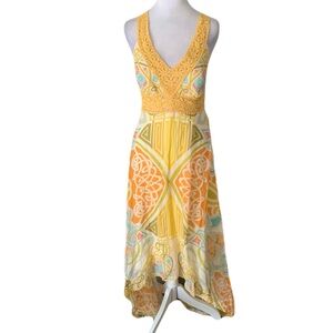 NWT Nicole Miller Collection 6 Vibrant Yellow Art Deco Silk Crochet Maxi Dress